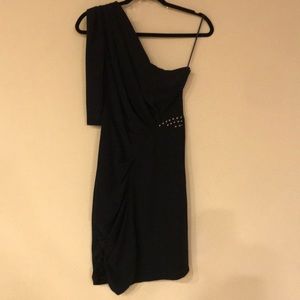 Navy one shoulder cocktail dress.